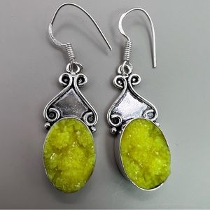 New Yellow Druzy Stone Crystal Silver Overlay Earrings